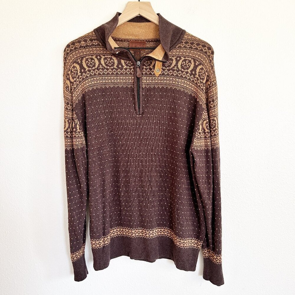 Born Sweater L Brown Fair Isle Silk Cashmere Blend 1/4 Zip Elbow Patc